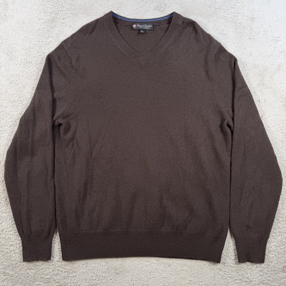 Daniel Bishop Sweater Mens Large Brown 100% Cashmere V-Neck Pullover Soft